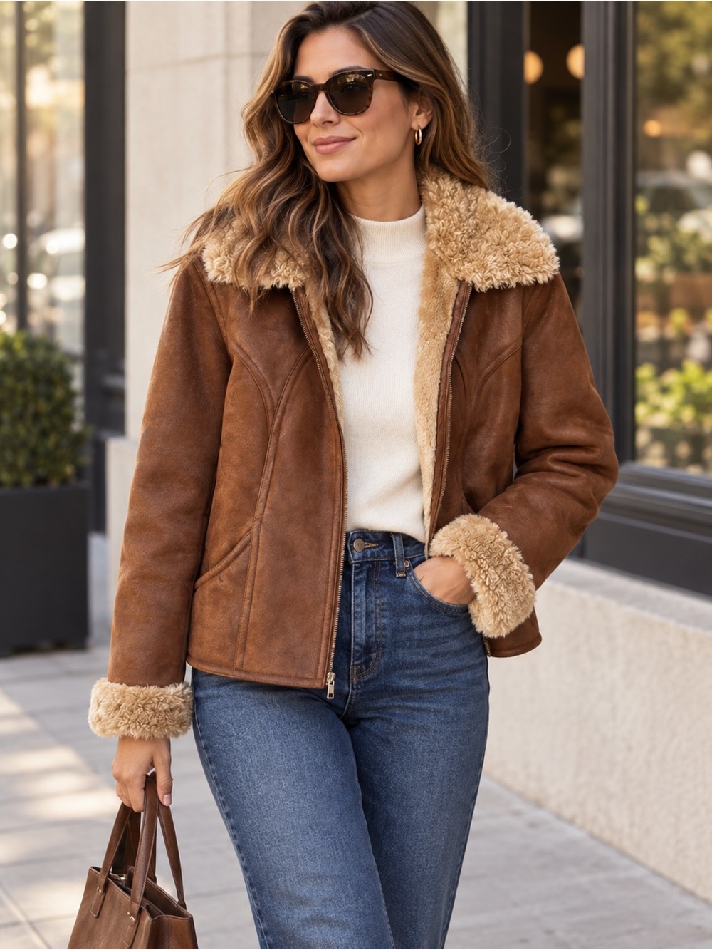 Wilsons Leather Brown Shearling-Trim Suede Jacket